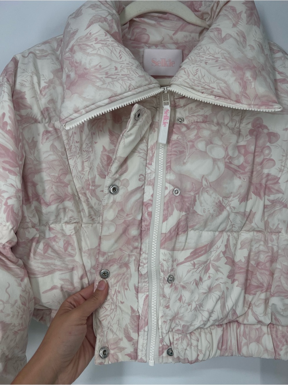 Selkie Pink White Floral Cropped Bow Sleeve Coquette Girly Puffer Jacket Large - Picture 4 of 9